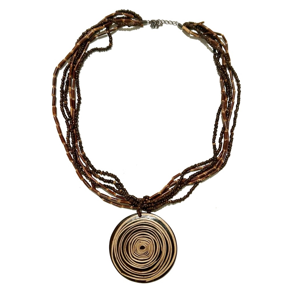 Wooden Brown Beige Beaded Statement Necklace Large Round Spiral Pendant Boho Tan